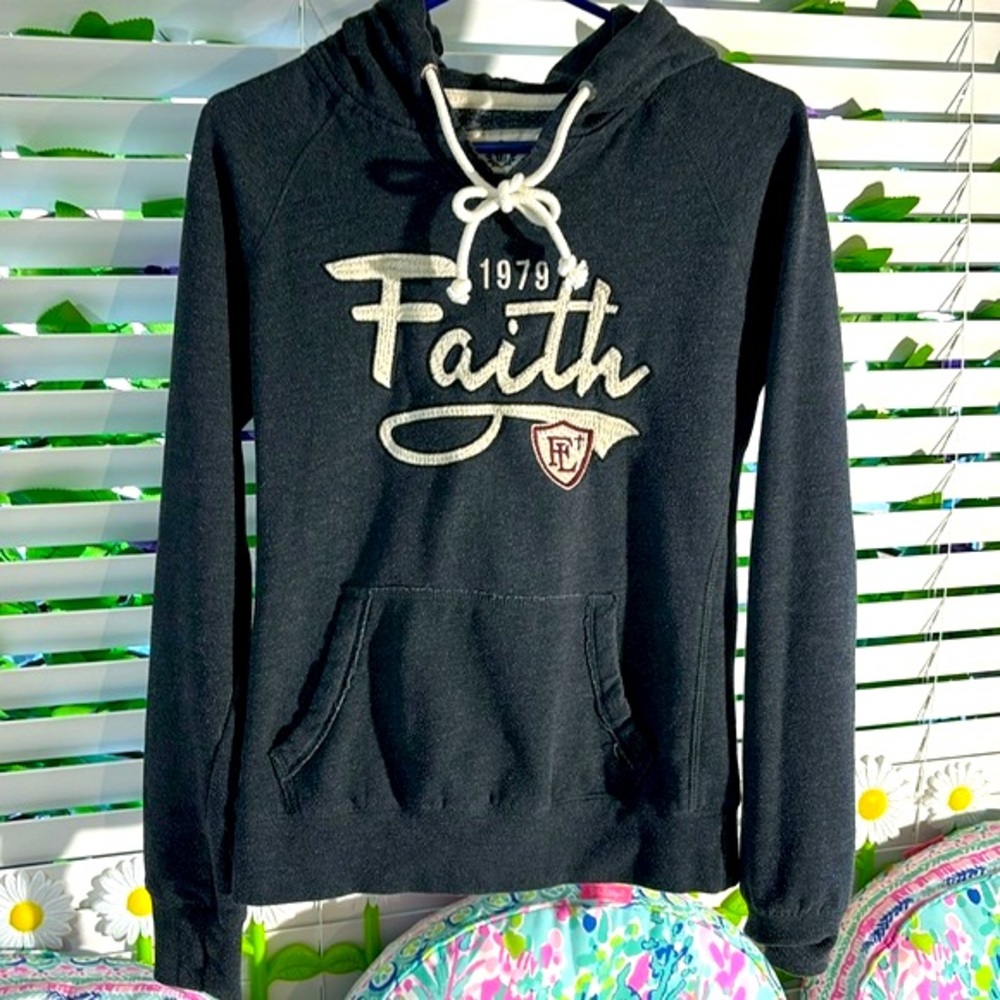 Campus Crew “Faith” gray hoodie with cream embroidery
